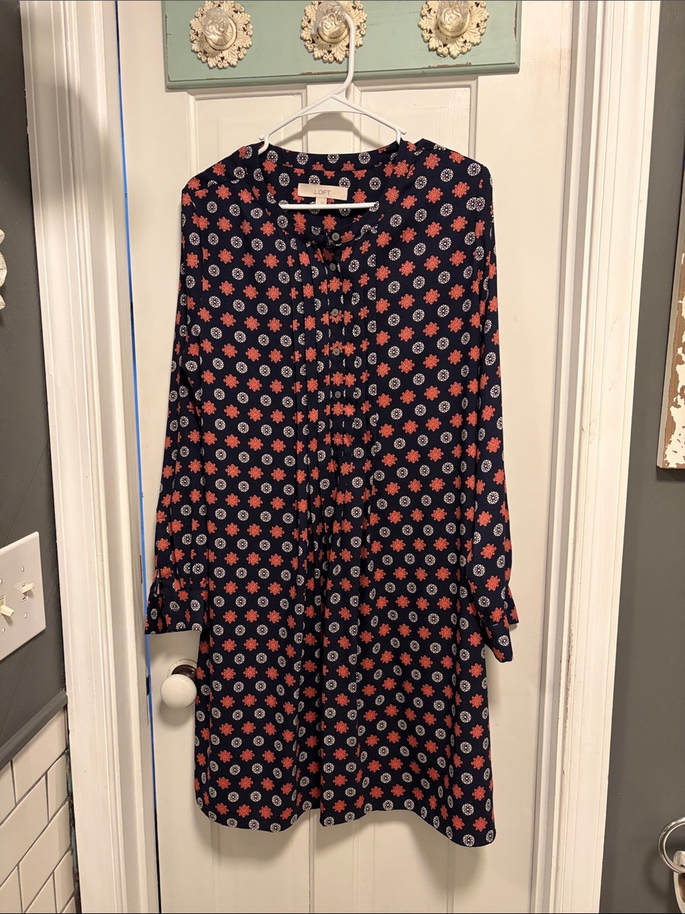 LOFT Navy Dress with Coral and White Floral Print - Long Sleeve